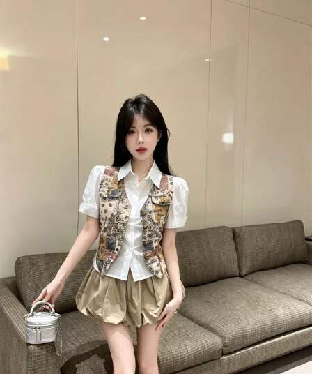 레트로 캐슈 꽃 베스트 흰 셔츠 꽃밭 미니 스커트 3종 세트 한 부서 달콤한 매운맛 허리 수축 슬림해 보이는 세트 여성 여름