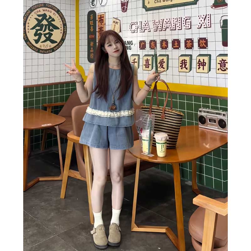 레트로 항구 바람 수 있습니다. 소금 수 있습니다. 달콤한 데님 민소매 세트 여성 2026 여름 새로운 레이스 조각 맨위 반바지