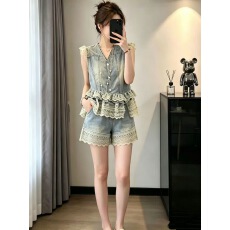 批发韩版蕾丝拼接牛仔马夹短裤套装女2026夏季马甲阔腿短裤时尚两件套