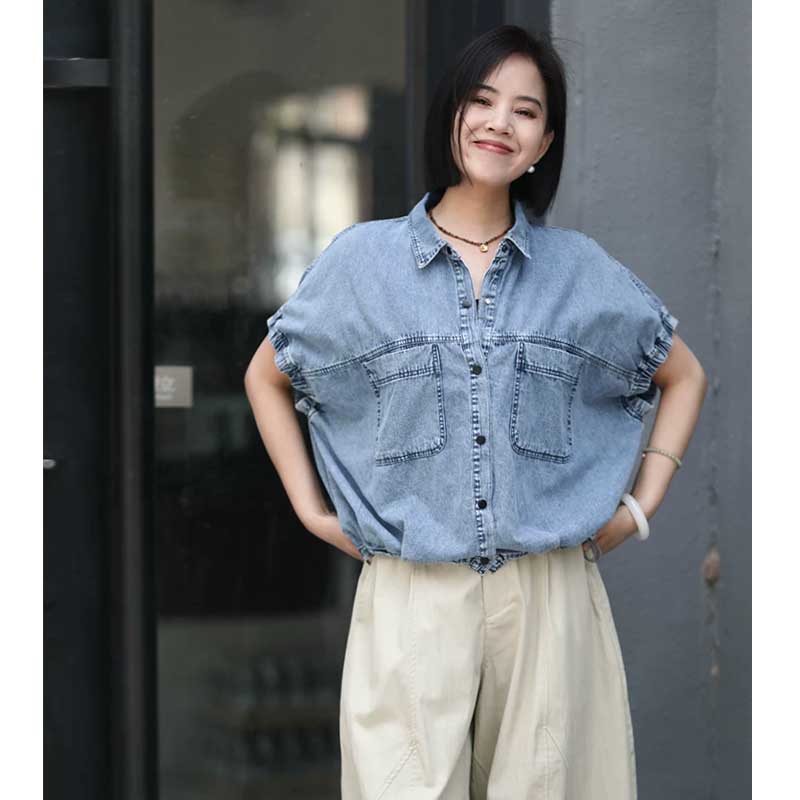 宽松复古百搭翻领休闲短袖牛仔上衣夏季新款港风纯棉马甲  服裝批發女裝批發服飾貨源