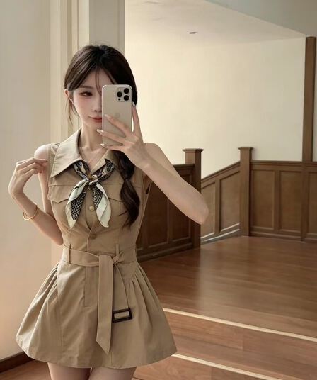 프랑스식 민소매 카키 색 워크웨어 드레스 아이들 여름 2026 새로운 아름다운 아니요 명중 섹션 허리 수축 조끼 스커트