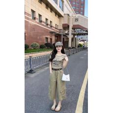 批发韩系复古字母印花短袖<b class='q'>T</b><b class='q'>恤</b>套装女夏高腰阔腿七分工装裤休闲两件套