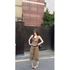 批发字母印花背心牛仔短裤套装女夏宽松无袖<b class='q'>T</b><b class='q'>恤</b>复古阔腿七分裤两件套