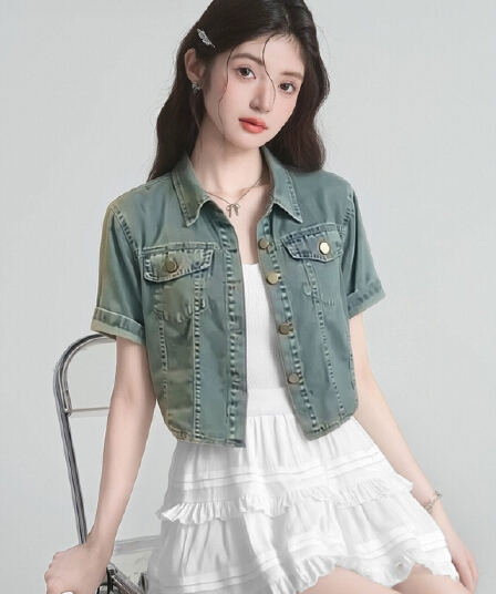 작은 키 레트로 항구 바람 반팔 데님 셔츠 여성 코트 여름 새로운 루즈핏 오픈 가디건 쇼트 스타일 맨위
