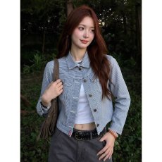 批发美式复古条纹牛仔外套女早秋季短款修身翻领开衫宽松气质正肩夹克