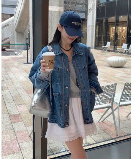 한국 chic 봄 가을 새로운 작은 대중 레트로 기타 주머니 디자인 루즈핏 다용도 캐주얼 긴팔 데님 여성 코트