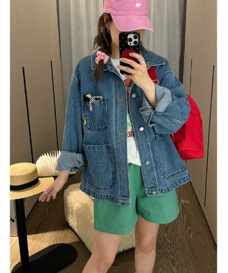 한국 chic 봄 가을 새로운 작은 대중 레트로 기타 주머니 디자인 루즈핏 다용도 캐주얼 긴팔 데님 여성 코트