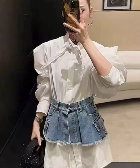 작은 대중 리본 스탠드 칼라 거품 소매 롱 코트 화이트 여성 셔츠 탈착식 거친 가장자리 데님 허리 인감 반신 스커트 투피스 세트
