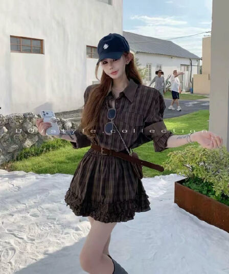 새로운 레트로 체크무늬 여성 드레스 허리 수축 프릴 미니 스커트 핫걸 루즈핏 POLO 칼라 슬림해 보이는 드레스