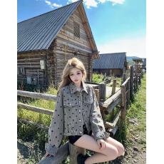批发2026早秋复古波点短款<b class='q'>牛仔</b><b class='q'>外套女</b>下摆抽绳收腰宽松小个子做旧夹克