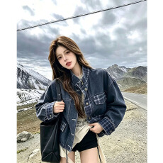 批发复古格纹拼接<b class='q'>牛仔</b><b class='q'>外套女</b>秋季2026新款美式宽松休闲立领工装风夹克