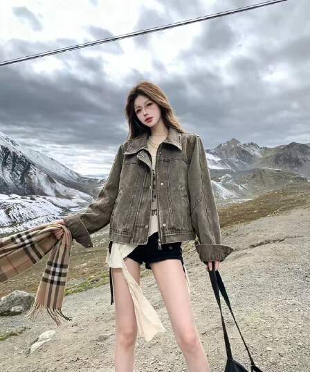 아메리칸 레트로 마 오래된 워싱 쇼트 스타일 데님 여성 코트 불모지 바람 루즈핏 폴로 칼라 핫걸 작은 키 재킷