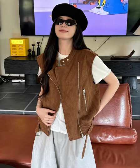 레트로 오토바이 바람 스탠드 칼라 지퍼 조끼 여자 2026 가을 캐주얼 민소매 스웨이드 조끼 재킷