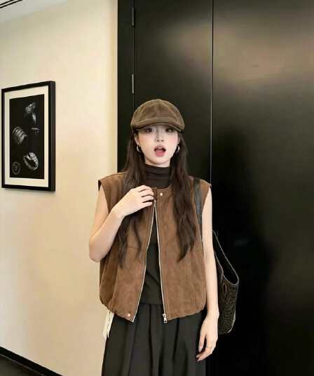 아름다움 라드. 레트로 스웨이드 원단 지퍼 라운드 넥 조끼 여자 가을 느긋한 고급 센스 스택 착용 민소매 루즈핏 조끼