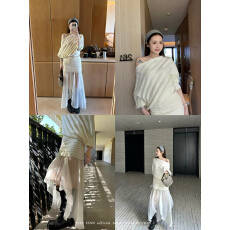 批发斜肩慵懒套头针织衫女春季粗麻花拼接网纱包臀短款半裙套装