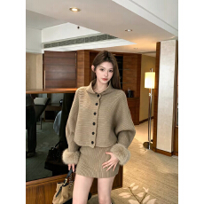 批发美拉德毛袖斗篷针织套装女翻领开衫修身包臀半身裙秋冬两件套款