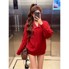 批发红色<b class='q'>衬衣</b>领<b class='q'>假两件</b>高级感套头韩版新款百搭减龄软糯毛衣女长袖上衣