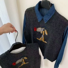 批发别致小众早春流行风格提花马甲套头针织衫两件套可拆上衣女26毛衣