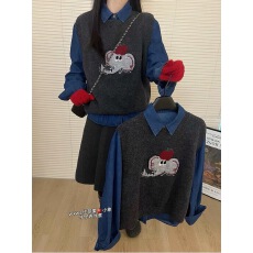 批发别致小众早春流行风格提花马甲套头针织衫两件套可拆上衣女26毛衣