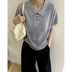 批发<b class='q'>韩</b>系翻领镂空百搭休闲短袖T恤针织衫女夏新款修身复古上衣