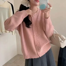 批发设计感小众圆领纯色长袖针织开衫毛衣外套秋冬慵懒显瘦上衣女