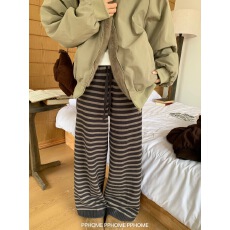 批发韩系复古条纹针织休闲<b class='q'>裤</b>女秋冬重量垂坠感慵懒<b class='q'>百搭</b>休闲阔腿<b class='q'>裤</b>