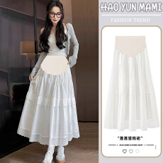 批发孕妇装2025新款白色蕾丝甜美孕期蕾丝镂空花边拼接托腹半身裙