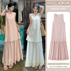 批发孕妇装2025新款独特漂亮巨好看蕾丝拼接假两件无袖背心连衣裙