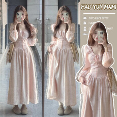 批发孕妇装 2025新款温柔风高级感遮肚减龄粉色多巴胺甜美长袖连衣裙