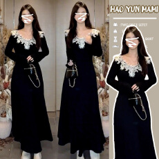 批发孕妇装 2025新款绝美时尚高级感内搭打底长裙黑色针织蕾丝连衣裙