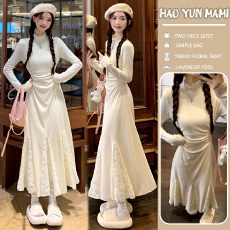 批发孕妇装 2025新款复古长袖蕾丝拼接半高领修身显瘦内搭打底连衣裙