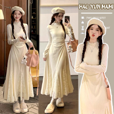 批发孕妇装2025秋冬季新款时尚高级感白色高领长袖针织长袖蕾丝连衣裙