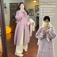 批发孕妇装2025新款款赫本风温柔紫色毛呢高级感双面羊绒毛呢翻领大衣