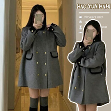 批发孕妇装2025新款高级灰色立领双面呢大衣撞色双排扣气质羊毛呢外套