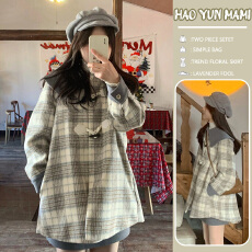 批发孕妇装2025新款赫本风韩版格纹印花呢子牛角扣双面毛呢外套中长款