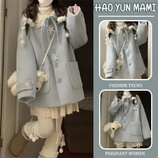 批发孕妇装 2025新款秋冬高级感蝴蝶结蓝色超级好看毛呢外套呢子大衣