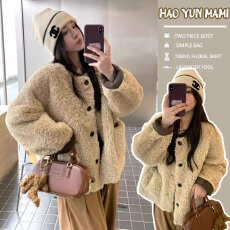 批发孕妇装2025新款冬季氛围感皮毛奶茶色暖fufu麂皮绒拼接羊羔毛外套