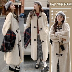 批发孕妇装2025新款学院风长袖假两件设计感长款牛角扣羊羔毛外套大衣