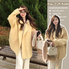 批发孕妇装 2025新款设计感黄色毛呢宽松羊毛双面呢子大衣时尚款外套