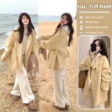 批发孕妇装2025新款秋冬季高级感洋气奶黄色宽松双面羊毛呢子大衣外套