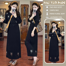 批发孕妇套装 2025新款高级感黑色V领针织开衫+设计感半身长裙子套装