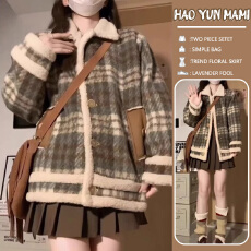 孕妇装2025新款美式设计感小众宽松羊羔毛呢复古格纹拼接毛呢外套