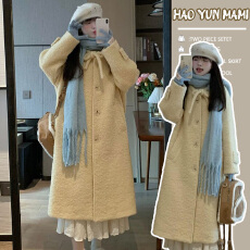 批发<b class='q'>孕妇装</b> 2025年秋冬新款黄色毛绒高级感加厚中长款毛呢子大衣外套