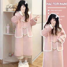 孕妇装 2025年韩系粉色甜美系羊羔绒毛呢牛角扣宽松呢子大衣外套