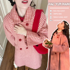 批发孕妇装2025新款娃娃领高级感别致甜美双排扣格纹呢子风衣毛呢外套