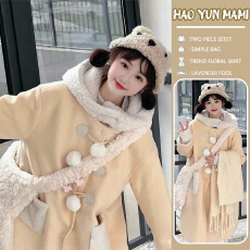 批发孕妇装2025新款甜美风小众中长款羊羔奶黄色大衣毛牛角扣毛呢外套