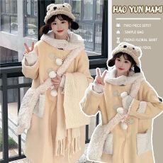 批发孕妇装2025新款慵懒风高级感奶黄色大衣毛牛角扣时尚大衣毛呢外套