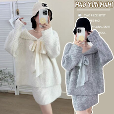 批发孕妇装 2025新款慵懒风温柔气质长袖毛衣蝴蝶结显瘦半身裙两件套
