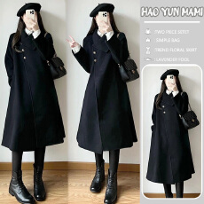 批发孕妇装2025新款韩系赫本风高级感毛呢外套设计感黑色呢子大衣外套