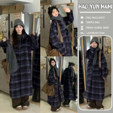 批发孕妇装2025新款韩系气质宽松中长款格纹绵羊毛呢格子呢子大衣外套
